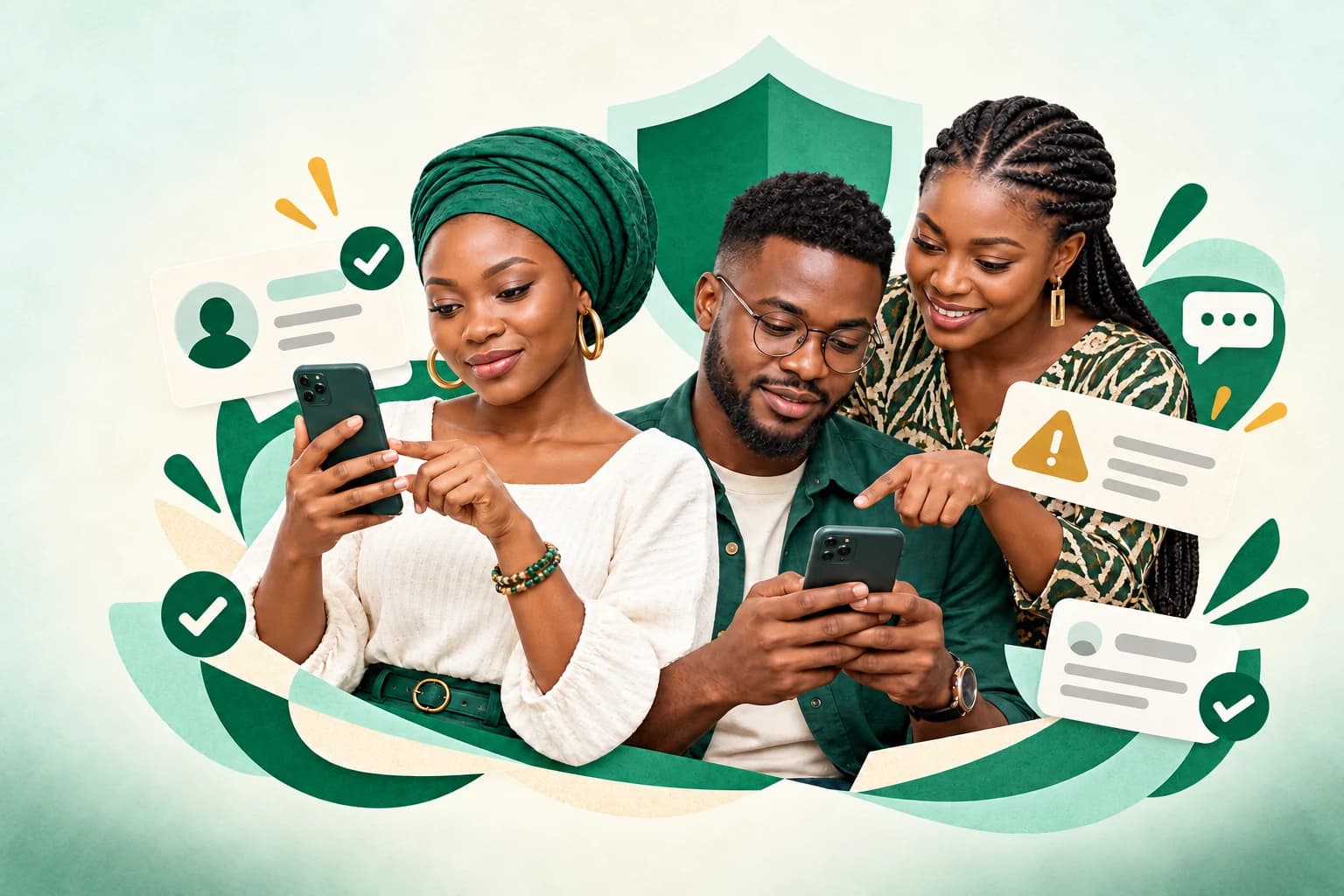 Three people checking online profiles and payment details together