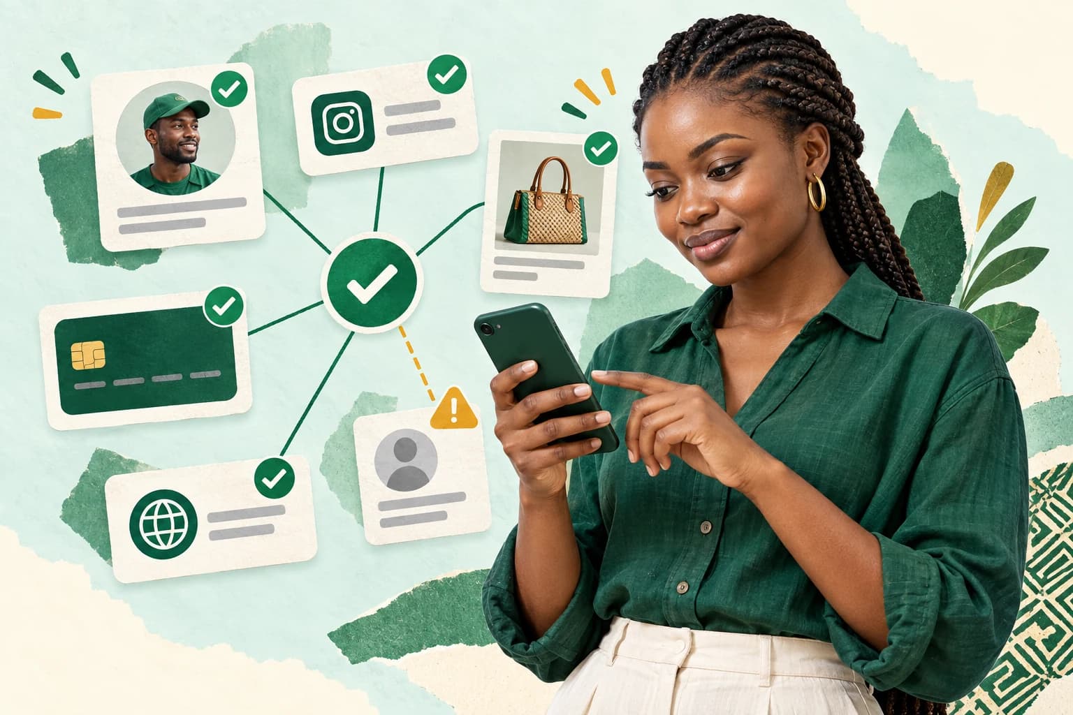 A woman comparing seller, social profile, website and payment details